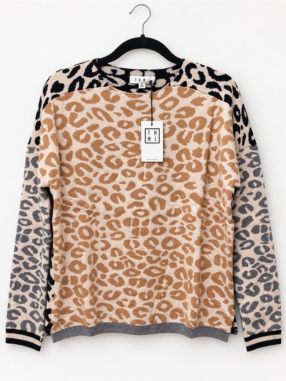 THML Leopard Crewneck Sweater in Tan, Gray and Black